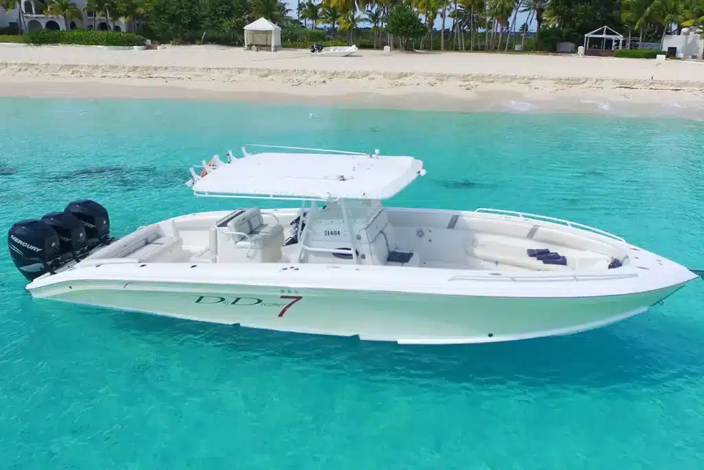 39FT Midnight Express luxury powerboat in St. Martin offering private day charters, high-speed island tours, and VIP water experiences from Simpson Bay.