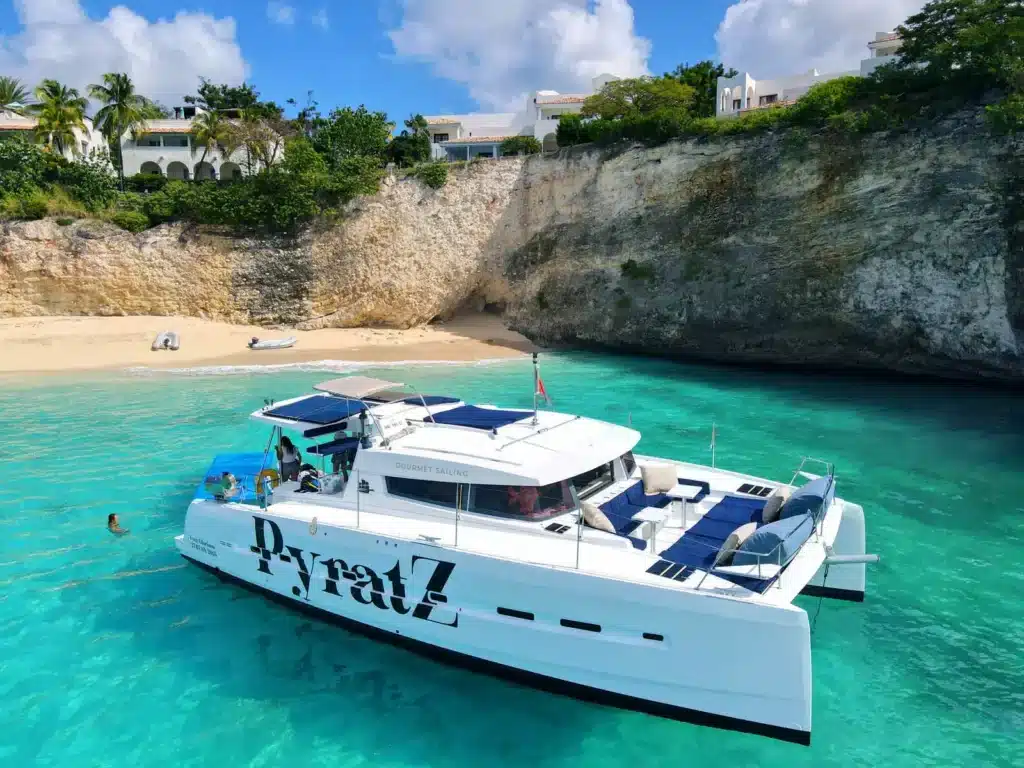 Lagoon 450S power catamaran in St. Martin with water toys and gourmet sailing experiences, offering private charters and luxury island tours from Simpson Bay.