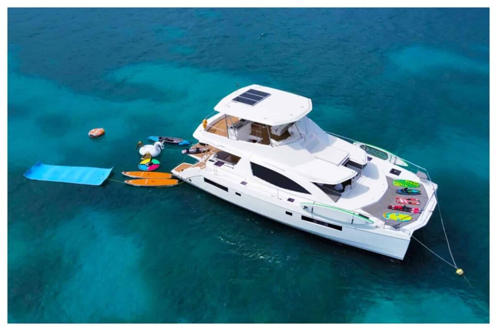 Vogue Leopard 51FT luxury power catamaran in St. Martin offering private charters for up to 12 guests, island tours, and VIP water experiences from Simpson Bay.