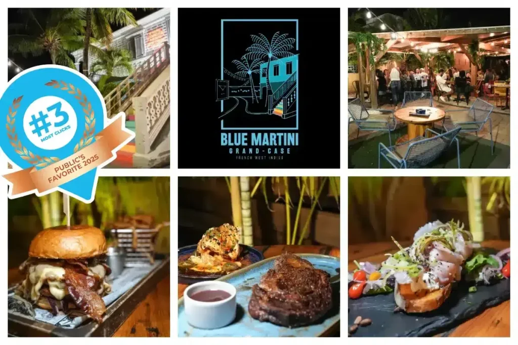 Blue Martini casual eatery in Grand Case, St. Martin offering relaxed dining, international cuisine, and cocktails with ocean views for visitors and food lovers.